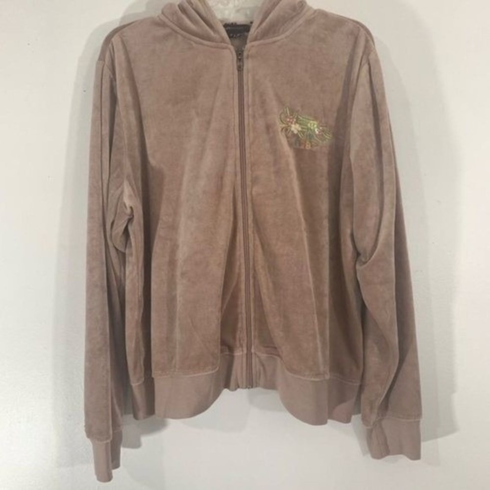 BCBG Max Azria Velour Zip Up Hoodie Mauve Embroidered Bird Sequin Plus Size 2X
